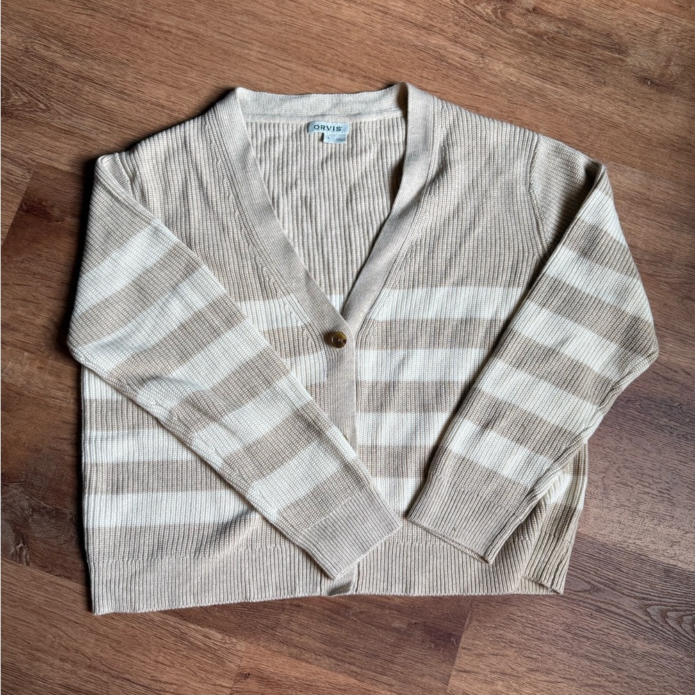 Orvis Tan and Cream Striped Cardigan